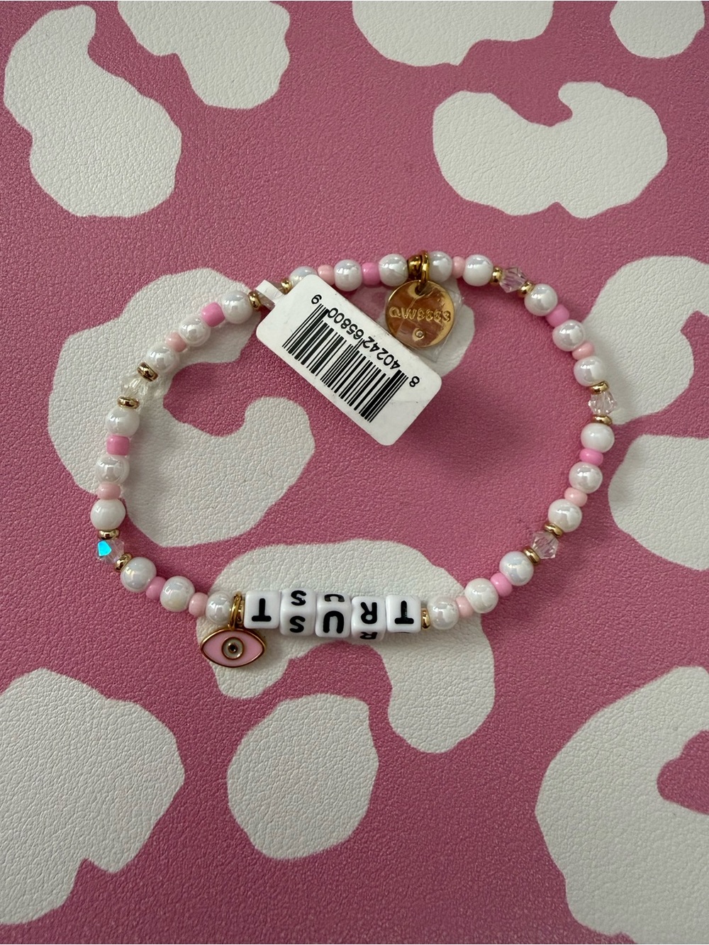 Beaded 'TRUST' Bracelet in Pink & White with Gold Accents - Picture 2 of 2